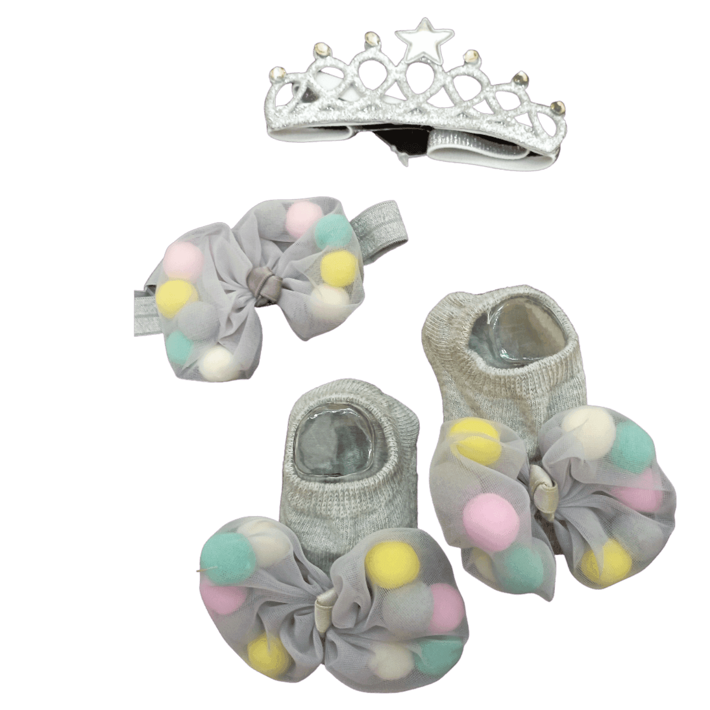 Gray Crown and Multi Color Balls Bow Set — Bow Set by Little Smiles Pakistan