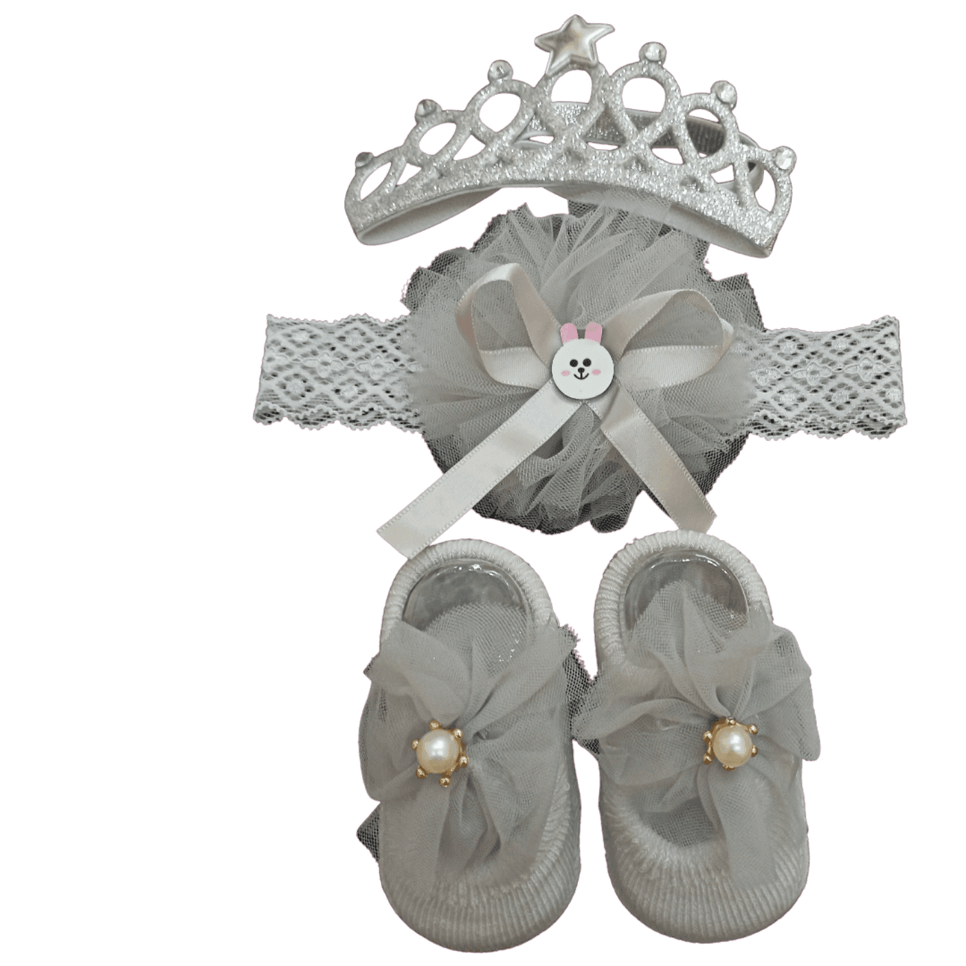 Gray Crown Flower Bow Set — Bow Set by Little Smiles Pakistan